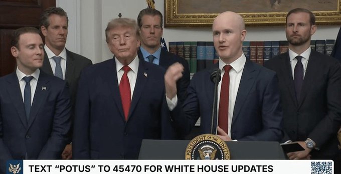 In this image, Donald Trump and several men in suits stand behind a podium bearing the Presidential Seal, set against a backdrop of books. Below the image, text encourages readers to "TEXT 'POTUS' TO 45470 FOR WHITE HOUSE UPDATES."