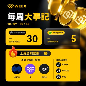 A promotional graphic titled 'WEEY 每周大事記' dated '10/09 - 10/16' shows the token at rank 30 on CoinMarketCap and rank 5 on coingecko, listing 'MRSH, T, BLSH' as new listings and 'STONK, UNITAS, OKB' as other notable tokens.