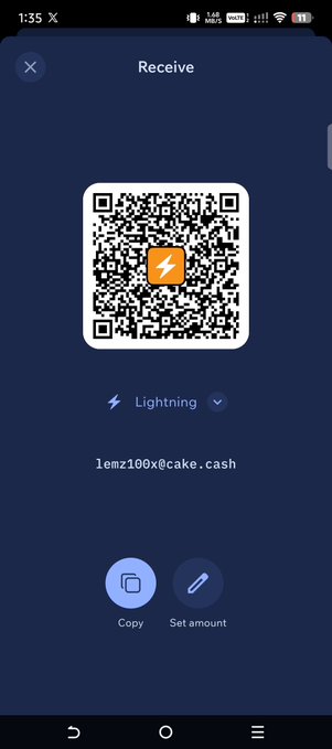 A mobile wallet screenshot showing a 'Receive' screen with a QR code for a Lightning payment to the address 'lemzx100x@cake.cash'.