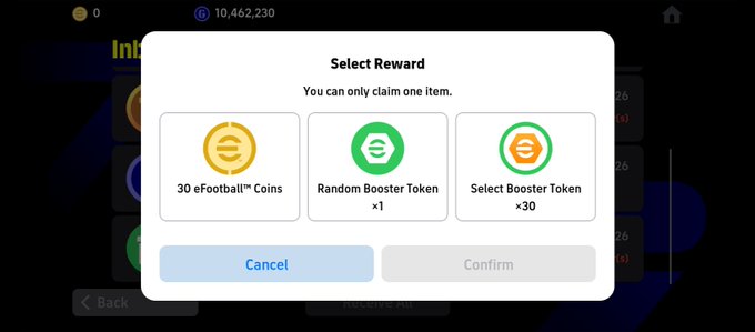 The image shows a "Select Reward" prompt from eFootball offering three choices: 30 eFootball™ Coins, a Random Booster Token (x1), or a Select Booster Token (x30), with the note that only one item can be claimed. This relates to the post's joke about everyone predictably choosing the 30 coins over the booster tokens.