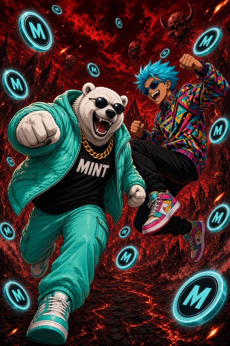 A vibrant anime-style illustration featuring a polar bear in a teal 'MINT' jacket and a blue-haired character in colorful clothing, surrounded by floating 'M' coins against a red volcanic background.