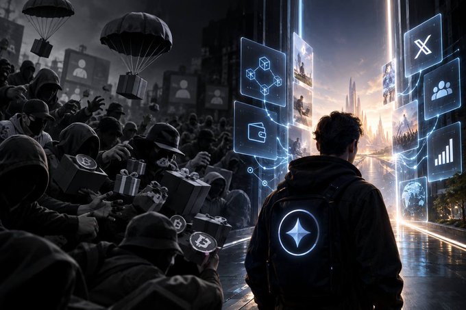 An AI-generated illustration depicting a person facing a glowing digital interface with crypto and social media icons, with a shadowy crowd of hooded figures holding parachute-delivered packages behind them.