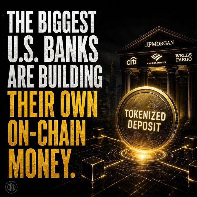 The image features a poster with a large gold coin sitting in front of a building, which appears to be a bank or financial institution. Below the coin, there are three text boxes that read "THE BIGGEST U.S. BANKS ARE BUILDING ON-CHAIN MONEY". The poster also includes an image of a building with a sign for Wells Fargo and a quote from the Wall Street Journal about tokenized bank deposits.