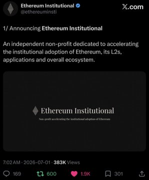 Ethereum Institutional (@ethereuminsti) tweet announcing a non-profit dedicated to accelerating institutional adoption of Ethereum and its L2s, with 383K views.