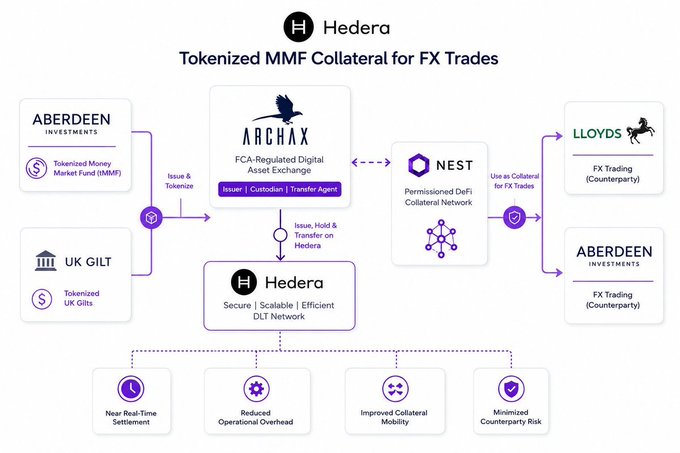 A diagram illustrates 'Hedera Tokenized MMF Collateral for FX Trades' showing the flow between Archax, NEST, Lloyds, Aberdeen Investments, and UK GILT using the Hedera DLT Network.