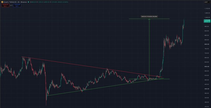 A TradingView 4-hour candlestick chart of Zcash/USDT (ZEC) on Binance shows a symmetrical triangle breakout with key text reading "248.64 (+176.01%/16.33%)", illustrating the 110% gain referenced in the post as price surged toward the $1,000 level.