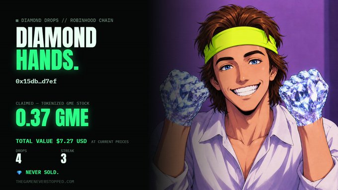 A promotional graphic for Diamond Drops on Robinhood Chain titled 'DIAMOND HANDS' with wallet address 0x15db_d7ef, showing 0.37 GME tokenized stock claimed, a total value of $7.27 USD, 4 drops, a 3 streak, and a 'NEVER SOLD' badge, featuring an illustrated young man holding diamonds.