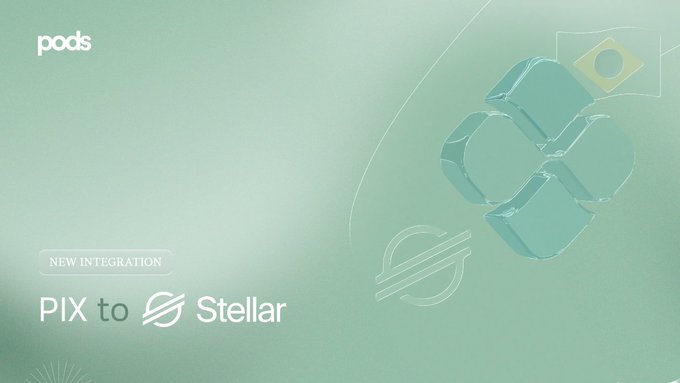 A teal-colored graphic announcement reading "NEW INTEGRATION PIX to Stellar" with the "pods" logo and 3D geometric shapes.