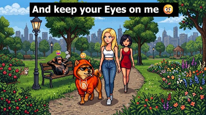 A pixel art meme showing two women walking through a park with a Bitcoin-wearing Shiba Inu dog and a gorilla on a bench, captioned "And keep your Eyes on me 😤".