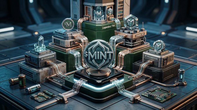 A 3D rendered graphic for '$MINT' showing a central glowing token emblem surrounded by a sci-fi industrial structure with 'Legendary Tier' and 'Starter Tier' progression nodes.