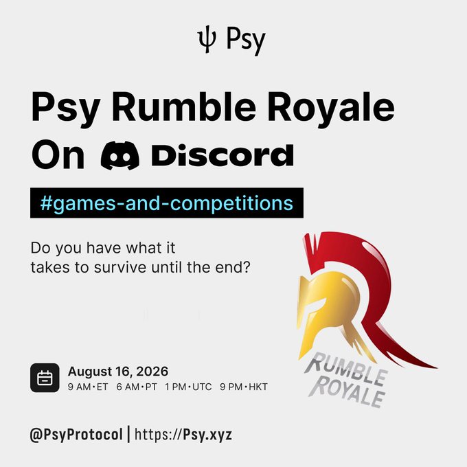 An event announcement for 'Psy Rumble Royale On Discord' by Psy Protocol, scheduled for August 16, 2026, featuring a Spartan helmet logo.
