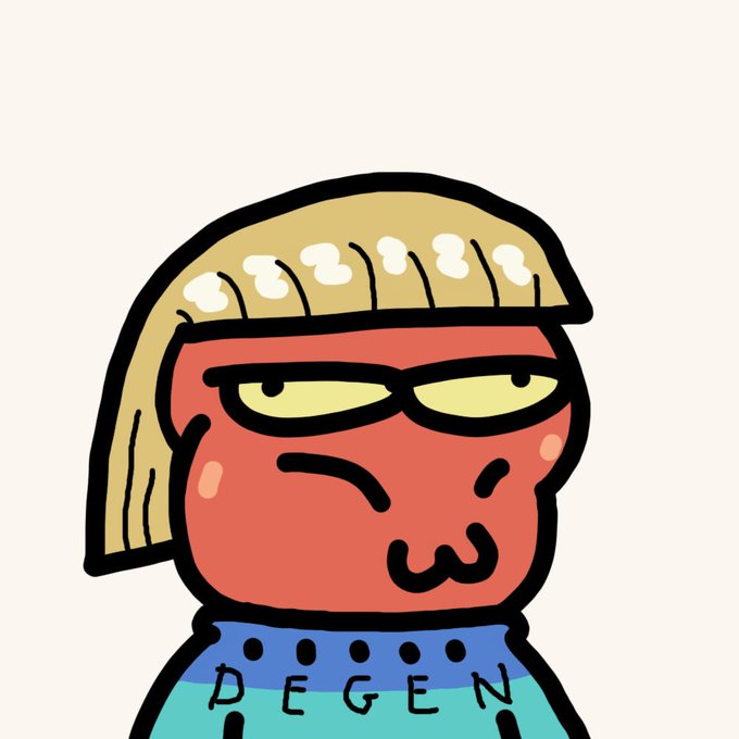 A cartoon-style character with blonde hair, half-lidded eyes, and a smug expression wears a blue shirt labeled "DEGEN," perfectly matching the "Good Morning Degens" greeting.