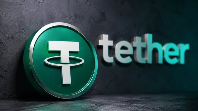 A 3D render of the Tether cryptocurrency logo featuring a stylized 'T' inside a teal/green circular emblem next to the word 'tether' in matching teal lettering against a dark textured background.