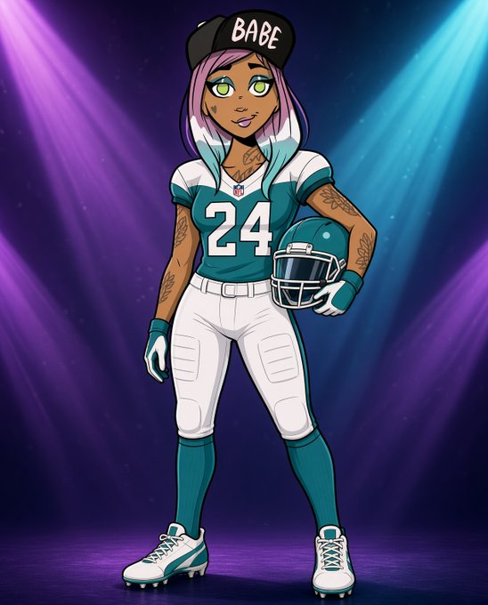 An anime-style illustration of a female football player wearing jersey number 24 in a teal and white Philadelphia Eagles uniform, a black cap with 'BABE' written on it, and holding a helmet, posed against a purple background with stadium lights.