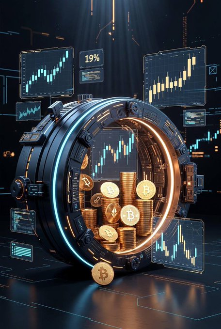 A futuristic 3D rendering shows stacks of gold Bitcoin and Ethereum coins spilling out of a glowing circular mechanical vault, surrounded by floating holographic trading charts.