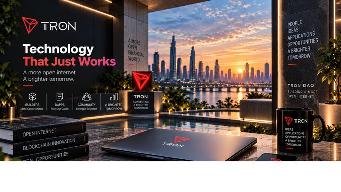 A promotional banner for "TRON" features the text "Technology That Just Works" alongside an image of a modern laptop on a desk with a city skyline and sunset in the background.