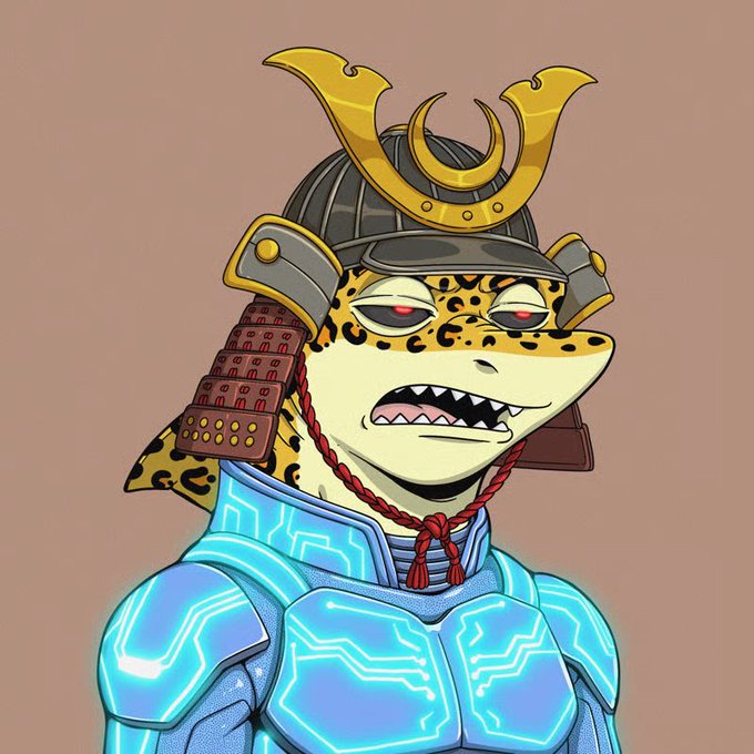 A digital illustration of a leopard humanoid character wearing a samurai helmet and glowing blue cybernetic armor.