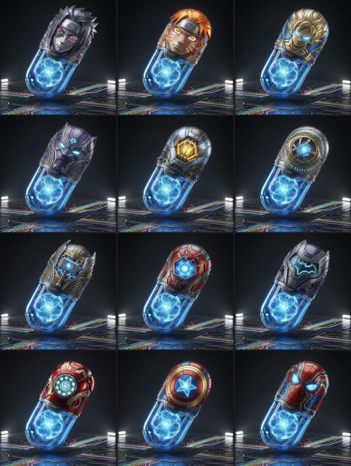 A 3x4 grid of capsules featuring various superhero helmet designs (including Spider-Man, Black Panther, and Captain America) mounted on glowing blue energy cores, set on a digital circuit-board surface.