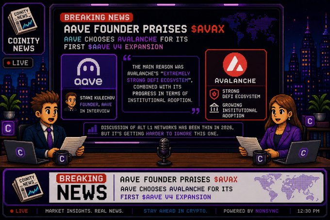 A Coinity News "BREAKING NEWS" broadcast featuring animated news anchors at a desk displays the headline "AAVE FOUNDER PRAISES $AVAX," announcing Aave's first v4 expansion to the Avalanche network, citing Stani Kulechov's endorsement of Avalanche's DeFi ecosystem. The image visually reinforces the post's news about Aave's strategic expansion to Avalanche, with both anchors reporting on the announcement alongside a quote from Kulechov highlighting the network's institutional adoption.