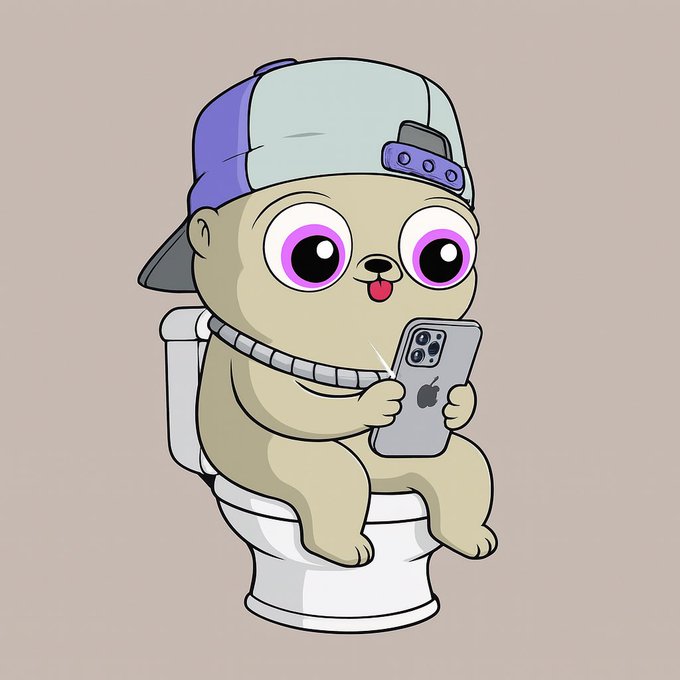 A cartoon pug wearing a backwards cap sits on a toilet while holding an iPhone, with its tongue sticking out playfully.