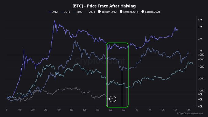 Chart titled '[BTC] - Price Trace After Halving' comparing Bitcoin price trajectories after the 2012, 2016, 2020, and 2024 halvings, with markers for Bottom 2012, Bottom 2016, and Bottom 2020.