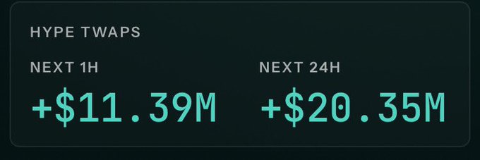 A dark dashboard panel labeled "HYPE TWAPS" displays positive Time-Weighted Average Price inflows of **+$11.39M in the next 1 hour** and **+$20.35M in the next 24 hours** in teal text, supporting the post's bullish claim that TWAP buying pressure is driving $HYPE toward $100.