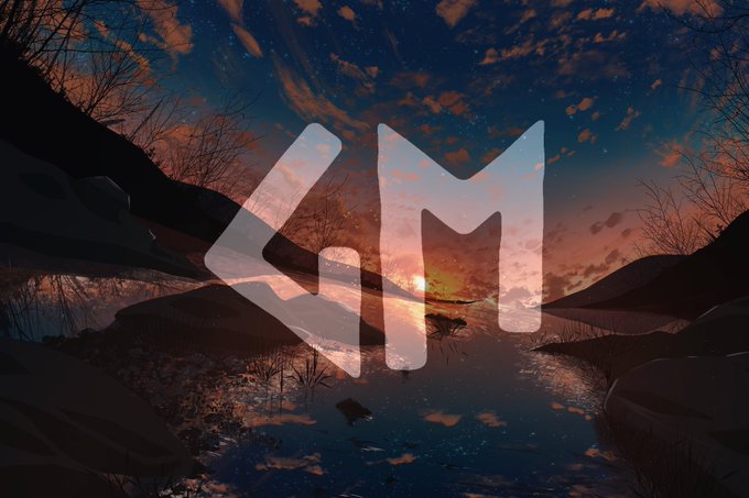 A stylized "GM" logo is overlaid on a dramatic sunset scene featuring a river, silhouetted trees, and rocky terrain, visually representing the "GM" (Good Morning) greeting in the post. The myth-inspired artwork complements the playful "Happy Friday" message beneath the text.