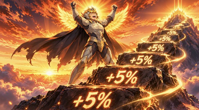 A triumphant winged figure in armor stands with raised fists atop a mountain of stone steps, each marked with glowing "+5%" symbols under a dramatic sunset sky.