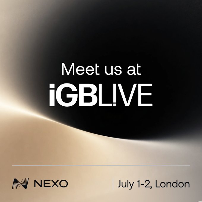 Nexo announces its attendance at iGB Live on July 1-2 in London, with the sleek promotional graphic featuring the company's logo alongside event details to support their networking and partnership goals.