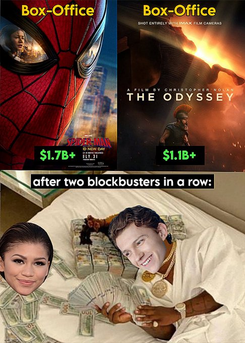 The image shows a meme comparing box-office success of *Spider-Man* ($1.7B+) and *The Odyssey* ($1.1B+) above a photo of Zendaya and Tom Holland lying on a bed covered in cash, with the caption "after two blockbusters in a row."

The image relates to the post by visually suggesting that investing in or aligning with these two stars' blockbuster projects leads to massive financial returns—reinforcing the message that identifying the right opportunity (the "next one") while others gamble blindly can yield outsized rewards.