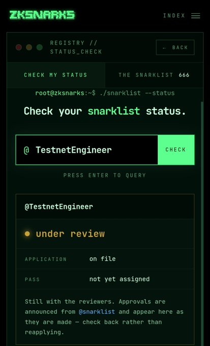 Screenshot of a dark-themed web interface for 'ZKSNARKS' showing a status check page, with a user input field and a result indicating '@TestnetEngineer' is 'under review.'