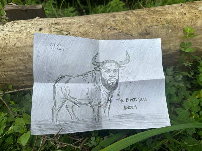A pencil sketch titled "THE BLACK BULL" by Ansem rests on a log, featuring a man with a bull's body—submitted as an entry to Ansem's Pump.fun bounty contest for one of 10 prizes. The artwork creatively blends human facial features with a muscular bull's horns and physique, marked with "CTXD @A_Pump" in the corner.