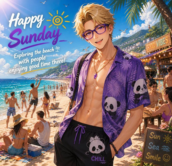 ikebana artist creates a vibrant beach scene, featuring a blonde man in a purple shirt and glasses, surrounded by people enjoying the sun and sea.
