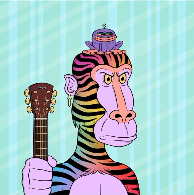 A colorful cartoon illustration of a rainbow-striped zebra-headed monkey character holding a Henry guitar, with a small purple creature wearing sunglasses perched on its head.