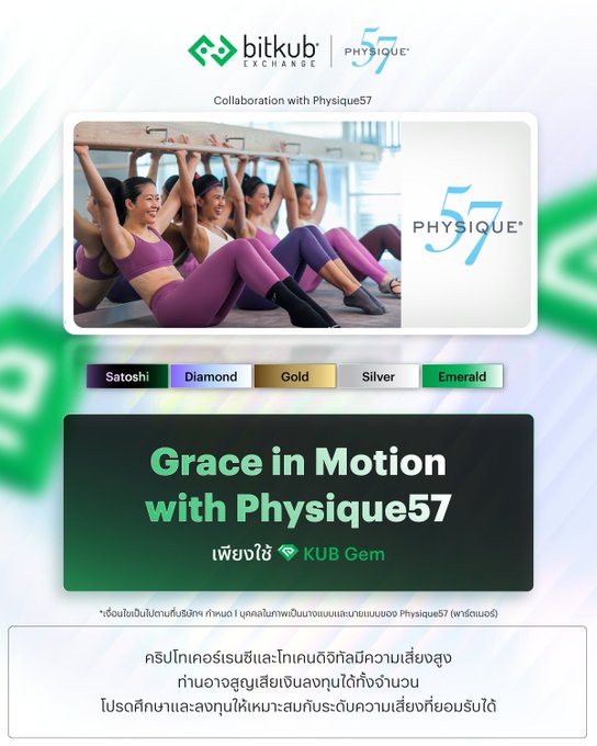 A Bitkub Exchange promotional page for a collaboration with Physique57, featuring women doing pilates and promoting 'Grace in Motion with Physique57' redeemable with KUB Gem, available across Satoshi, Diamond, Gold, Silver, and Emerald tiers.