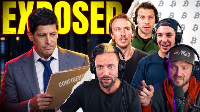 A YouTube thumbnail with the word "EXPOSED" in large yellow letters, featuring several men including one in a suit holding a "CONFIDENTIAL" folder and others with Bitcoin-related imagery.