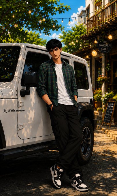 Anime-style artwork depicts a young man in a green plaid shirt and black pants leaning against a white Jeep, with 'THE GARDEN CAFE' sign visible in the background and '@tb_neeem' watermark.