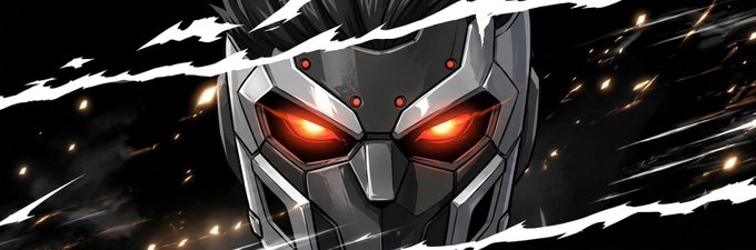 A dramatic digital illustration of a futuristic armored helmet or robot face with glowing red eyes, set against a dark background with sparks and white slash effects.