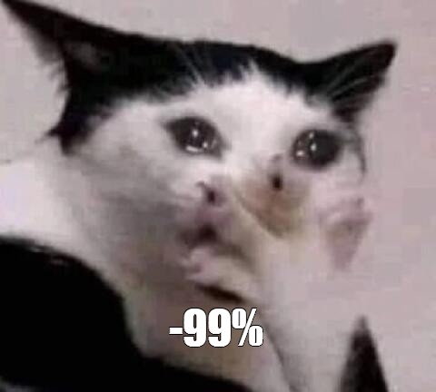 A crying black and white cat meme with the caption '-99%', a common reaction image on Chinese social media.