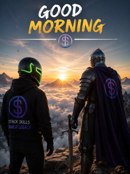 A 'Good Morning' graphic featuring two figures looking at a sunrise, one in a hoodie with a green helmet and 'Stack Skills Build Legacy' text, the other in knight's armor, both bearing a dollar sign emblem.