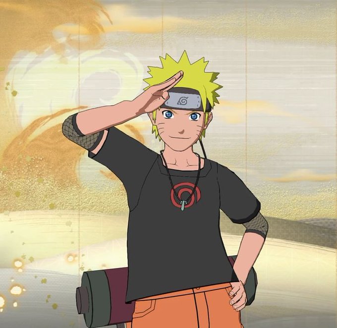 An anime-style illustration of a blonde boy with spiky hair wearing a ninja headband, a black shirt with a red swirl symbol, and orange pants, saluting with one hand.
