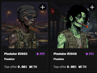 The image displays two pixel art NFT collectibles from the Pixelator collection: Pixelator #2663 priced at 0.001 WETH with a top offer of #69, and Pixelator #2648 also priced at 0.001 WETH with a top offer of #91. The character portraits show a soldier with a beanie and sunglasses and a cigar-smoking zombie-like figure, fitting the post announcing two new additions to the creator's Pixelator horde.