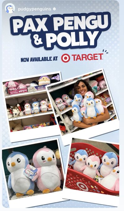 A promotional graphic titled 'PAX PENGU & POLLY' by pudgypenguins, advertising the plush toys now available at Target, featuring multiple photos of the blue and pink penguin stuffed animals.