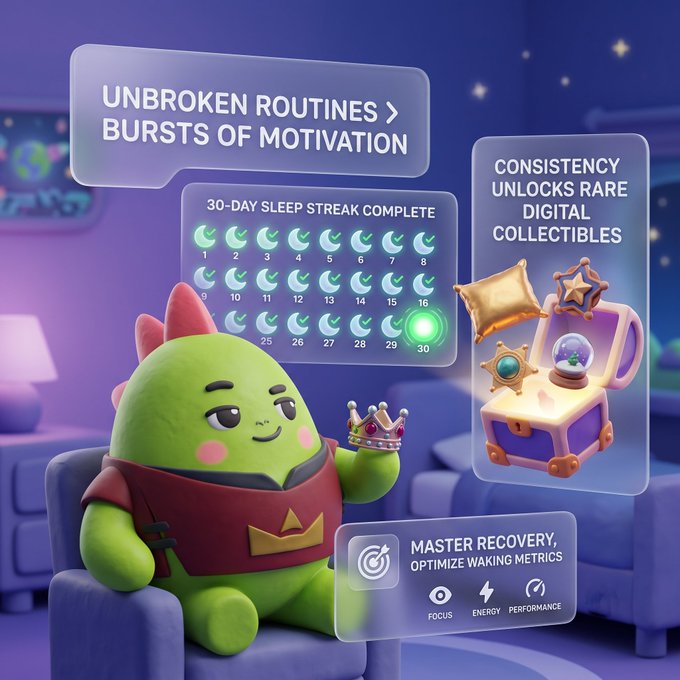 A promotional graphic for a sleep tracking app featuring a cute green dinosaur mascot and text: 'UNBROKEN ROUTINES > BURSTS OF MOTIVATION', '30-DAY SLEEP STREAK COMPLETE', 'CONSISTENCY UNLOCKS RARE DIGITAL COLLECTIBLES', and 'MASTER RECOVERY, OPTIMIZE WAKING METRICS'.