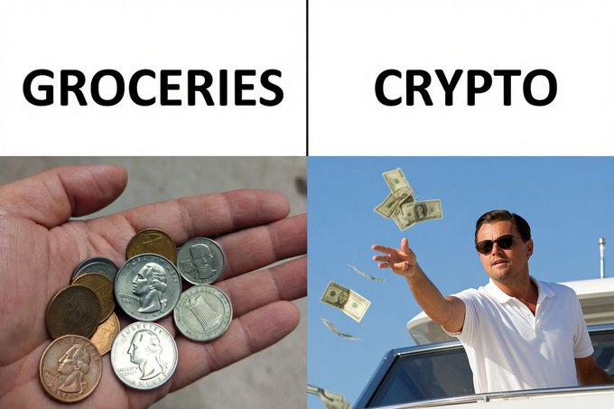 A "Wolf of Wall Street" meme contrasts "GROCERIES" (a hand holding a few coins) with "CRYPTO" (Leonardo DiCaprio's character tossing hundreds of dollars), humorously suggesting crypto makes you wealthy while everyday expenses leave you with only spare change.
