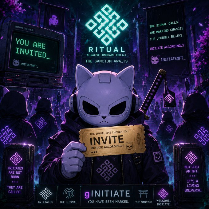 A hooded figure wearing a white cat mask and headphones holds a glowing "INVITE" ticket reading "THE SIGNAL HAS CHOSEN YOU" and "INITIATE ACCORDINGLY," surrounded by hooded followers, neon signs stating "YOU ARE INVITED" and "THE SANCTUM AWAITS," with the logo "RITUAL" and the tagline "gINITIATE - YOU HAVE BEEN MARKED." The image visually reinforces the post's theme of a chosen, signal-driven invitation ritual, depicting the moment of being "marked" and welcomed into the INITIATE NFT community.