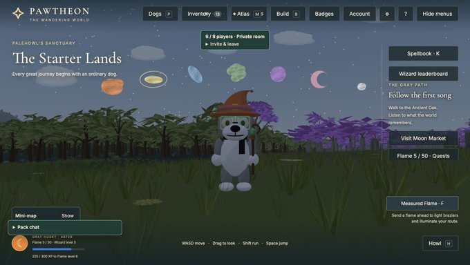 The image shows a screenshot from the game "PAWTHEON - The Wandering World," featuring a dog character dressed as a wizard standing in "The Starter Lands" of Palehowl's Sanctuary. The interface displays options like "Visit Moon Market" and "Wizard leaderboard," tying into the "Wizzyverse" theme by presenting a magical, wizard-centric gaming world where players can journey as enchanted canine wizards.