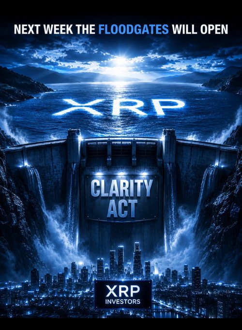A promotional XRP image reading 'NEXT WEEK THE FLOODGATES WILL OPEN' featuring a dam labeled 'CLARITY ACT' with 'XRP INVESTORS' branding below a city skyline.