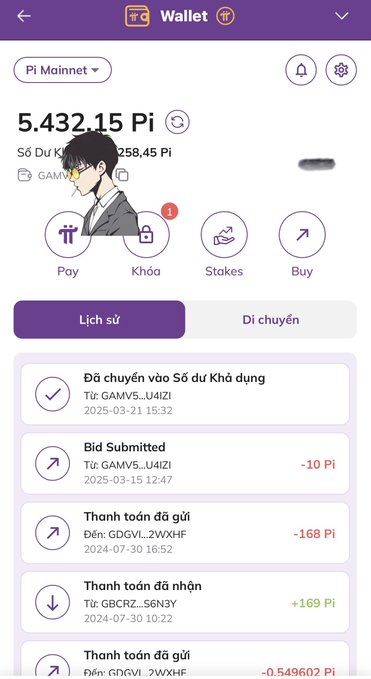 A Pi Wallet mobile app screen showing a balance of 5.432.15 Pi, with sections for Pay, Stakes, Buy, and a transaction history in Vietnamese listing various Pi transactions.