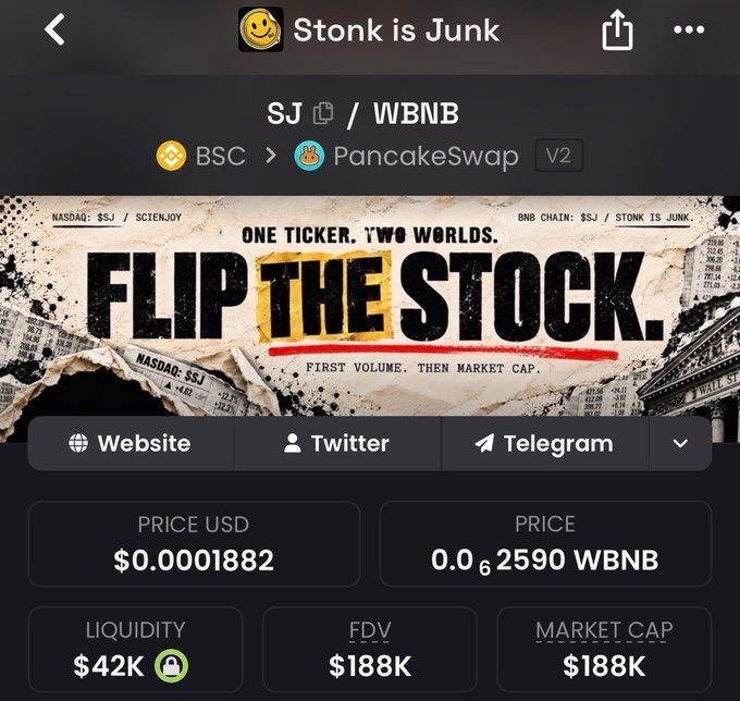 A screenshot of a cryptocurrency page for 'Stonk is Junk' (SJ/WBNB) on PancakeSwap V2, featuring a 'FLIP THE STOCK' banner and showing a price of $0.0001882 USD with a market cap of $188K.